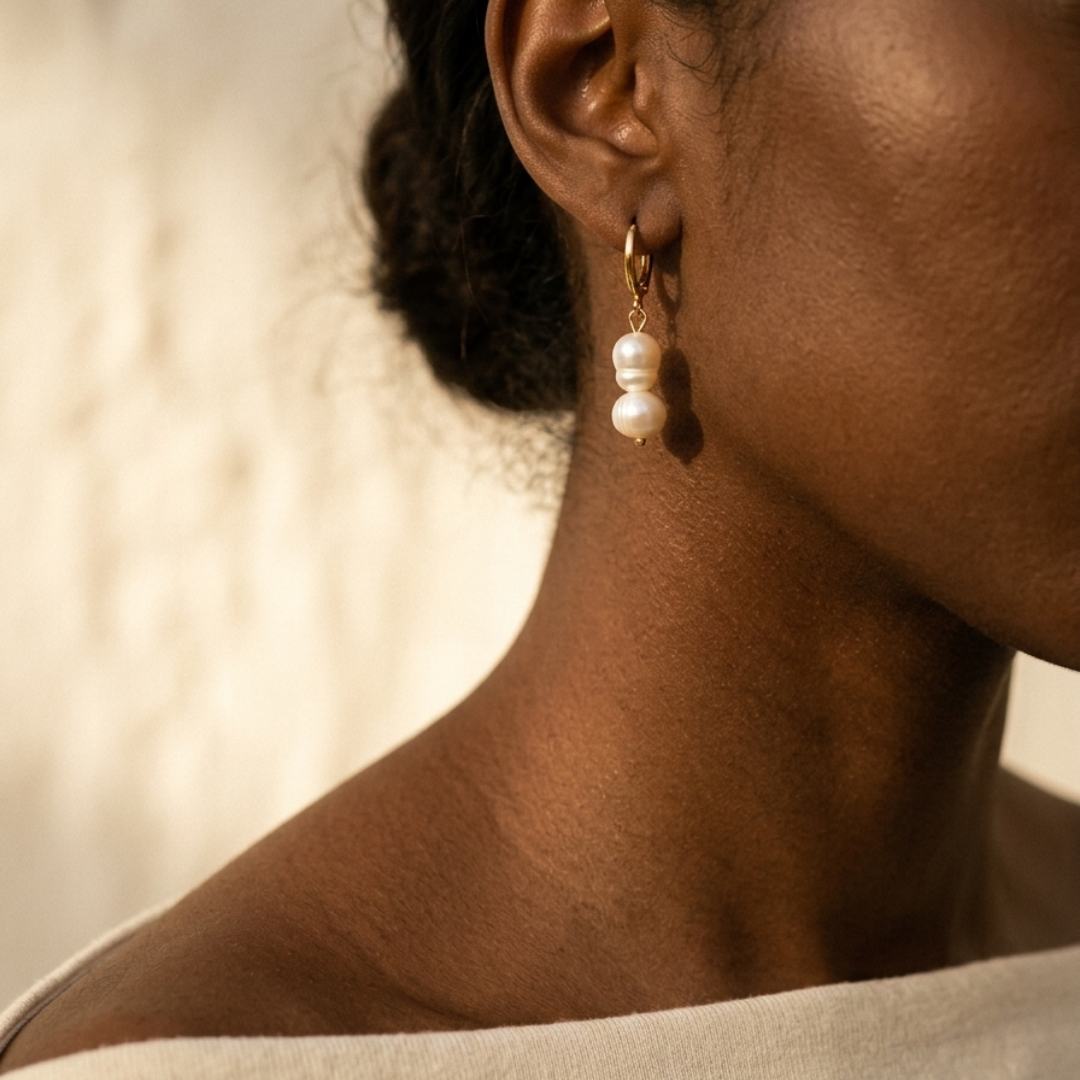 Femme portant les Boucles Double Nacre de Maison Soléah au style élégant et méditerranéen
